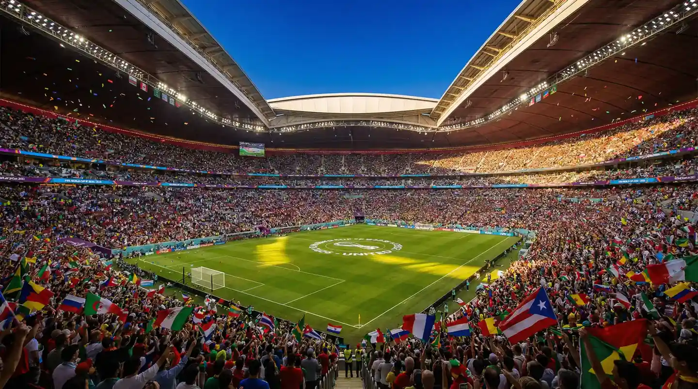 Poln stadion z navijači med tekmo Svetovnega prvenstva 2026