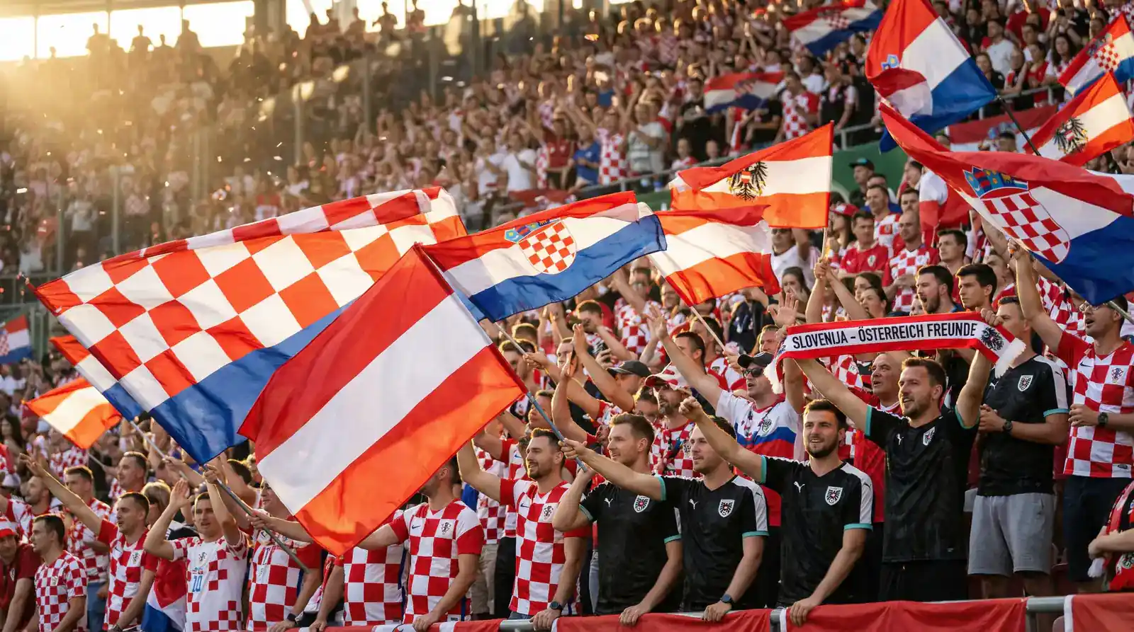 Hrvaški in avstrijski navijači z zastavami na stadionu